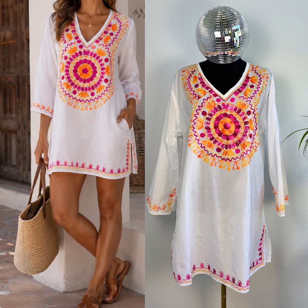 Sunflower White Cotton Embroidered Tunic Dress V-Neck Boho Coverup 3/4 Sleeve